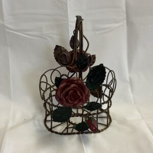 Vintage Decorative Metal Basket with Red Rose Accents
